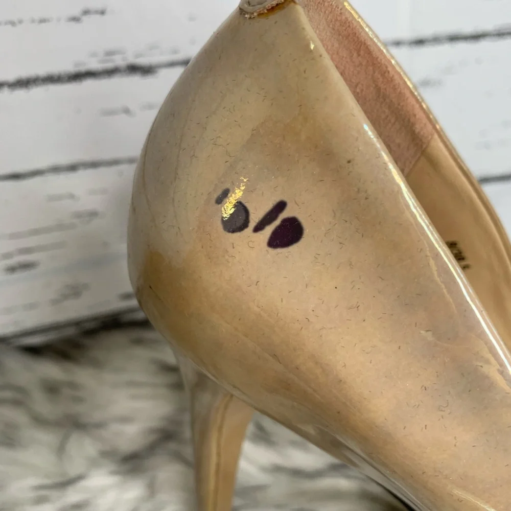 BRIAN ATWOOD Nude Designer Patent Leather Open Toe Platform Heels *AS IS*, 8